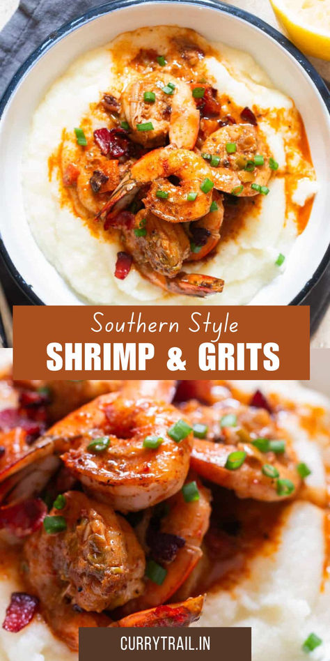 shrimp served over a bed of grits in a plate. Cajun Sauce For Shrimp And Grits, Dinner Grits Recipes, What To Serve With Shrimp And Grits, Shrimp And Grits Sauce Recipe, Shrimp And Grits With Andouille Sausage, Shrimps And Grits Recipe, Shrimp And Grits Sauce, Shrimp And Grits Easy, Shrimp And Grits Recipe Southern