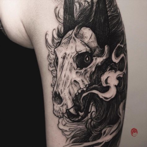 #Tattoos,Smoky Wolf Skull Tattoos Wolf Tattoo Ideas For Men, Wolf Skull Tattoo, Native American Wolf Tattoo, Wolf Paw Tattoos, Canine Skull, Celtic Wolf Tattoo, Skull Tattoo Ideas, Viking Compass Tattoo, Wolf Tattoo Ideas