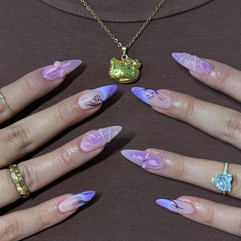 Purple Fairy Nails, Purple Stiletto Nails Design, Nails Design Purple, Natural Stiletto Nails, Glitter Nails Acrylic, Download Anime, Hippie Nails, Summery Nails, Classy Acrylic Nails