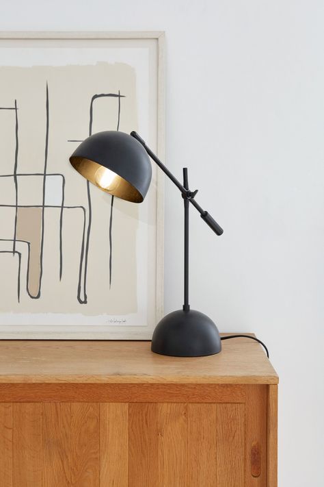 black task lamp with dome-shaped base and metal shade Scandanavian Desk Lamp, Black Lamps Bedroom, Bedside Table Lamps Ideas, Floor Desk, Led Closet Light, Lamps Ideas, Whistler Bc, House Lamp, Diy Lamps