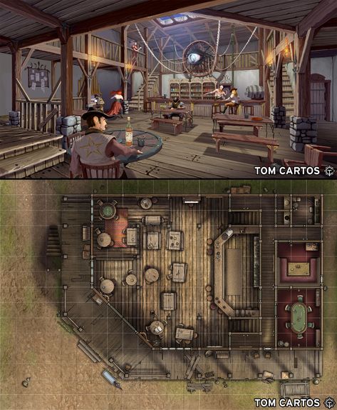 Dnd Interior Map, Dnd Building Interior Map, Dnd Tavern Map, Wild West Battle Map, D&d Tavern Map, Interior Concept Art, Western Saloon, Building Map, Battle Map