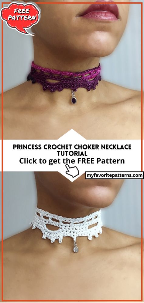 Princess Crochet Choker Necklace Tutorial Crochet Necklace Pattern Free, Choker Patterns, World Of Wearable Art, Crochet Collar Pattern, Crochet Choker, Crochet Bracelet Pattern, Crochet Necklace Pattern, Trendy Chokers, Necklace Crochet