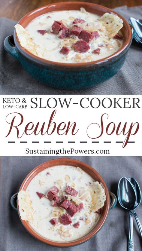 Low-Carb Slow-Cooker Reuben Soup // Crocktober 2016 - Sustaining the Powers Reuben Soup, Keto Slow Cooker, Diet Soup, Diet Soup Recipes, Low Carb Slow Cooker, Carb Alternatives, Reuben Sandwich, Keto Soup, Low Carb Soup