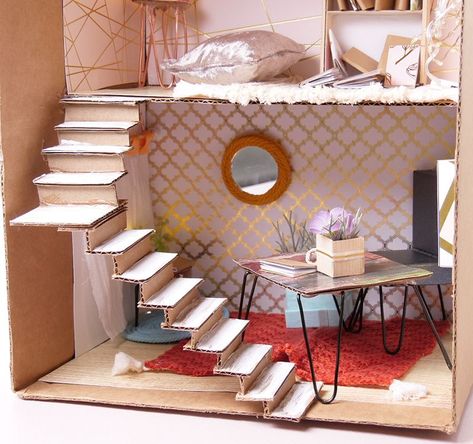 Making a dollhouse from reused materials? Build stairs out of a cardboard box Cardboard Box Dollhouse Diy, Houses Out Of Cardboard Boxes, Crafts To Do With Cardboard Boxes, Cardboard Box Dollhouse, Cardboard Stairs Diy, Diy Doll House Furniture Easy Cardboard, Dollhouse Stairs Diy, Cardboard Box Doll House, Cardboard Stairs