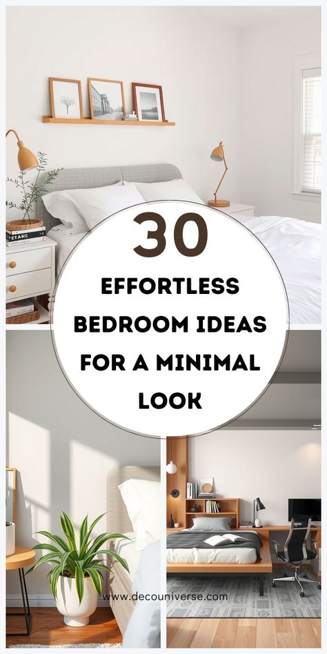 These 30 minimalist bedroom ideas are perfect for creating a calm, serene atmosphere in your bedroom. Minimalist Bedroom Decor Ideas, Monochrome Bedding, Minimalist Bedroom Ideas, Creative Closets, Minimalist Bedroom Decor, No Closet Solutions, Calming Bedroom, Simple Artwork, Sleek Furniture