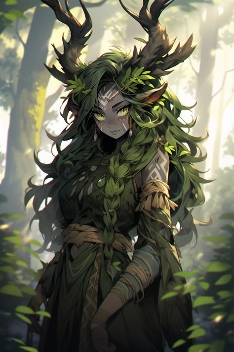 Willow Tree Dryad, Faerie Dragon Art, Half Dryad Female, Female Plant Monster, Tree Dryad Character Design, Firbolg Dnd Druid Female, Circle Of Spores Druid Female, Nature Spirit Character Design, Anime Dryad