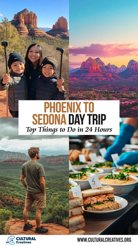 A collage featuring highlights of a Phoenix to Sedona day trip, showcasing vibrant red rock landscapes, family hiking adventures, scenic views, and delicious local cuisine, perfect for discovering top things to do in 24 hours. Drive From Phoenix To Sedona, Things To Do In Sedona With Kids, Phoenix To Sedona Road Trip, Things To Do In Sedona Arizona, Phoenix To Sedona, Arizona Itinerary, Sedona Travel Guide, Sedona Arizona Travel, Sedona Vortex