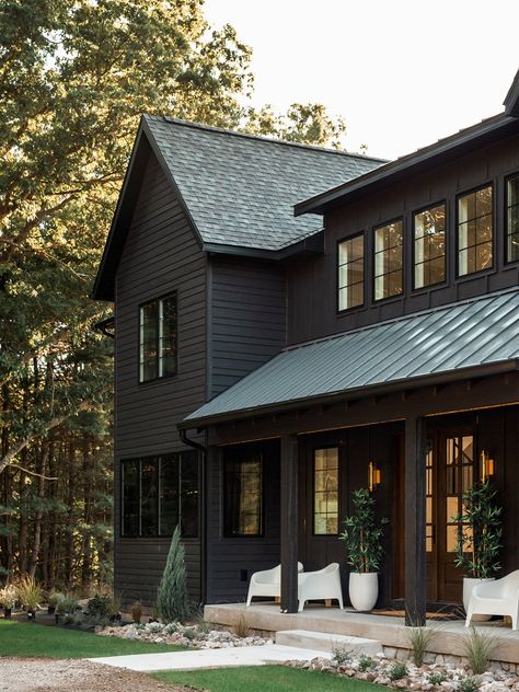 This Family of Seven's Ada, Michigan, Home Has Tile Ideas to Spare Black Window Frames, Corrugated Metal Roof, Clapboard Siding, Modern Farmhouse Exterior, Casa Exterior, Farmhouse Exterior, Painted Brick, Tile Ideas, Faux Marble