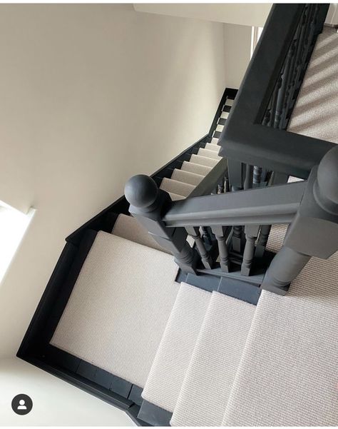 Black Painted Stairs, Dark Staircase, Stairs And Hallway Ideas, Black Staircase, Staircase Landing, Black Stairs, Painted Staircases, Staircase Runner, White Stairs