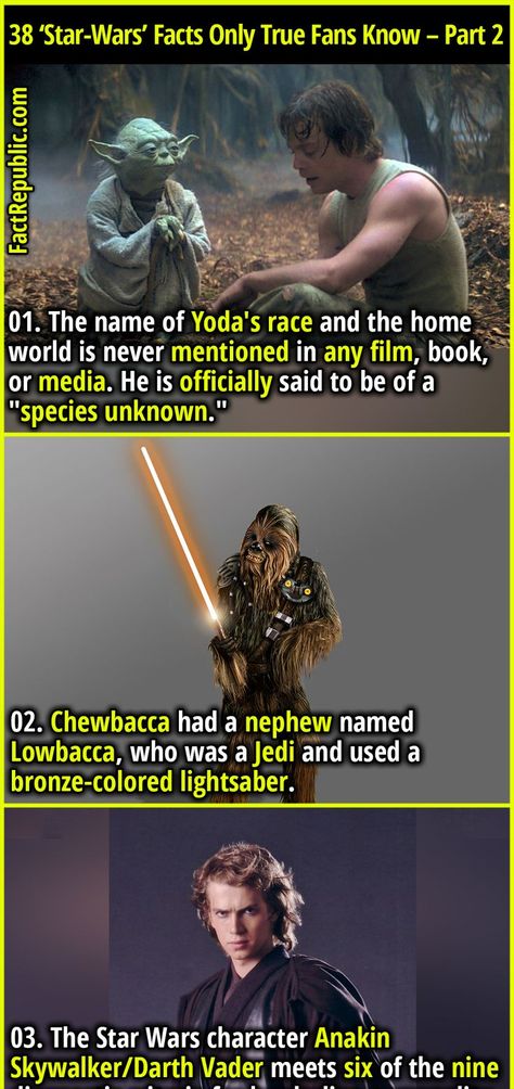 STARWARS FUNFACT DARTHVADER CHEWBACCA YODA Star Wars Theories, Star Wars History, Star Wars Species, Fact Republic, Star Wars Books, Star Wars Facts, Star Wars Jokes, Star Wars Fandom, Star Wars Movie