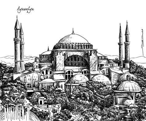 Different parts of Istanbul drawn for a construction company in Istanbul. All drawings are vector based. Mosque Drawing, Aya Sophia, Gravure Printing, Sketchbook Architecture, Hagia Sofia, Architecture Antique, Byzantine Architecture, Mosque Art, Building Drawing