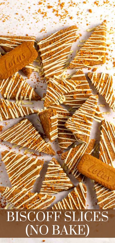 Biscoff cake slices cut into triangles and drizzled with white chocolate on a white background. Lotus Cookies, Lotus Biscuits, Biscoff Recipes, Biscoff Cake, Biscoff Biscuits, Cake Slices, Quick Dessert Recipes, Biscoff Spread, Biscoff Cookies