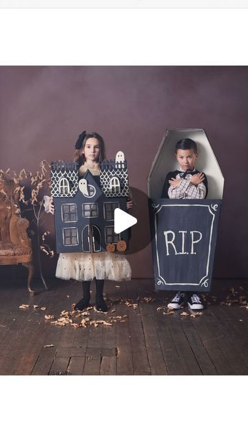 Merrilee Liddiard on Instagram: "Think inside the box! 📦 This years costumes made for the @betterhomesandgardens special halloween issue were all made from cardboard boxes! It was such fun to create these. I also had fun making paired costumes such as this haunted house and friendly vampire in a cute coffin. 

🕸️🦇

Cardboard is one of my favorite mediums as is it’s affordable, recyclable and a great way to get your creative juices flowing. You can find templates and instructions for these in the latest Better Homes & Gardens Halloween issue as well as online. 
📷 @nicolegerulat
#mermag #halloweencostume #cardboardcostume #diyhalloween #diycostume" Vampire In Coffin, Merrilee Liddiard, Coffin Halloween, Cardboard Costume, Spooky Stuff, Special Halloween, Inside The Box, Diy Costumes, Better Homes And Gardens