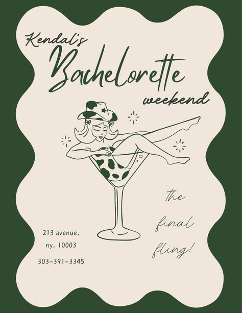 This bachelorette template stands out with its chic and sophisticated design, featuring a stunning blend of emerald green and beige tones. This elegant color palette makes the template incredibly versatile, suitable for various types of celebrations, from intimate gatherings to lavish parties. The emerald green adds a touch of luxury and vibrancy, while the beige tones provide a neutral, calming balance, making it adaptable to different themes and styles. Whether you're planning a modern, minimalist affair or a more traditional, classic celebration, this template offers the perfect canvas for a memorable bachelorette experience. Mexico Theme Bachelorette Party, Birthday Bachelorette Party, Green Bachelorette Party, Bachelorette Template, Elegant Bachelorette Party, Minimalist Bachelorette Party, Chic Bachelorette, Classy Bachelorette, Elegant Color Palette