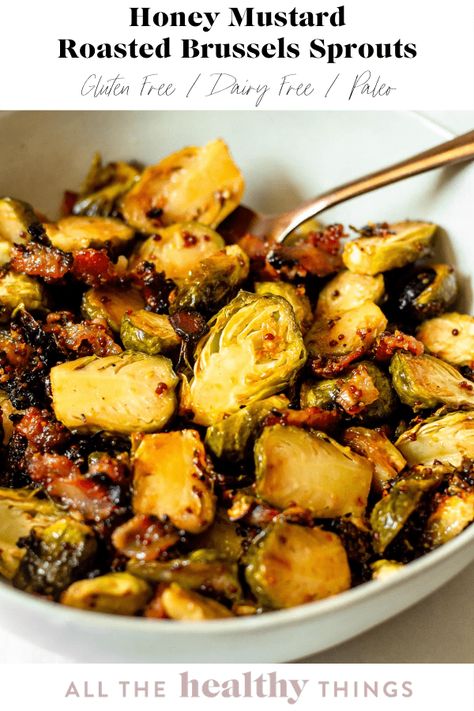 These Honey Mustard Roasted Brussels Sprouts are full of delicious flavor and so easy to make. They make the perfect flavorful side dish for any dinner! Mustard Roasted Vegetables, Brussels Sprouts Bacon, Food Healing, Roasted Breakfast Potatoes, Christmas Side Dish, Vegetarian Eating, Christmas Side, Sides Recipes, Roasted Brussels Sprouts