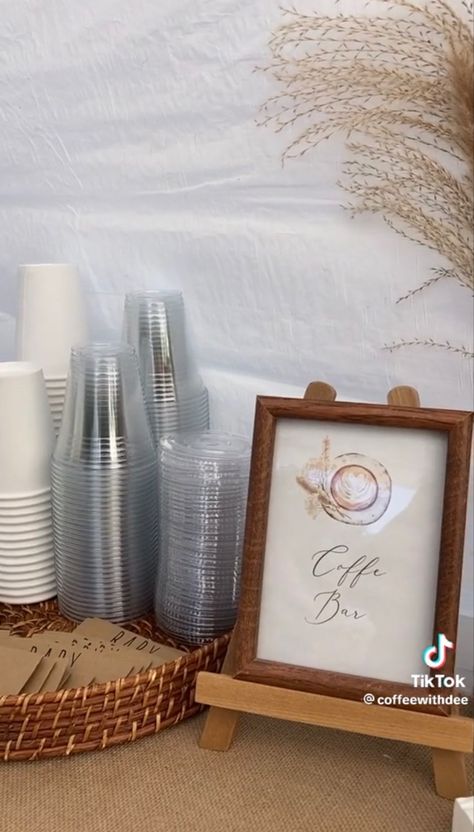 Coffee Station Ideas For Party, Bridal Shower Iced Coffee Bar, Iced Coffee Station Party, Iced Coffee Bar Baby Shower Ideas, Brewing Baby Shower Ideas Coffee, Grad Party Coffee Bar, Wedding Coffee Bar Ideas Receptions, Baby Brewing Shower Ideas Coffee, Coffee Bar Baby Shower Ideas