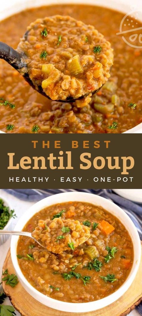 This Lentil Soup recipe is hearty, healthy, filling, budget friendly and absolutely delicious. Lentils are simmered with vegetables and spices in a tasty broth. This simple homemade soup is the absolute best lentil soup ever! Instructions to make this nutritious soup in the Instant Pot and the crock pot.#healthy #lentils #soup #dinner #lemonblossoms #instantpot #crockpot Food Network Lentil Soup, Martha Stewart Lentil Soup, Lentils Soup Recipe Crockpot, Best Ever Lentil Soup, Easy Lentil Stew, Soup Recipes Healthy Lentil, Panera Lentil Soup Recipe, Easy Healthy Soups To Make, Lentil Kale Soup Instant Pot