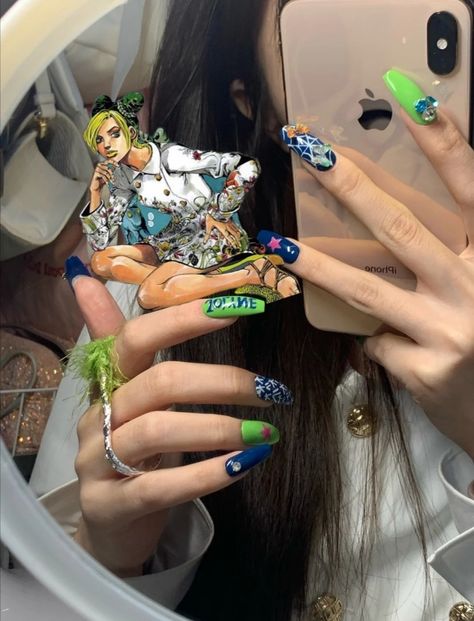 Jojo Nails Ideas, Jolyne Kujo Nails, Jojo Inspired Nails, Jojo's Bizarre Adventure Nails, Jjba Nails, Jojo Nails, Manga Nails, Jojo Funny, Cute Box Braids