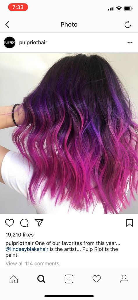 Balayage Plum Hair, Dyed Tips Hair Brunettes, Vivid Balayage, Popular Hair Colors, Pink Hair Highlights, Hair Colors Ideas, Purple Hair Highlights, Pink Purple Hair, Purple Balayage