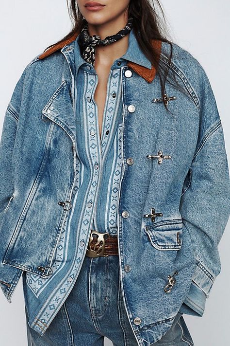 We The Free Denim Barn Coat Alt Cowgirl, Striped Tube Socks, Embroidered Denim Shirt, Barn Coat, Anthropologie Style, Fashion Statements, Fall Clothes, Embroidered Denim, Denim Top