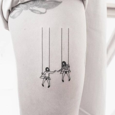 Swing tattoo on the right thigh (based on client reference). Tattoo Artist: Brendon · Welfare Dentist Swing Tattoo, Small Feminine Tattoos, Sisters Tattoo, Matching Sister Tattoos, Bff Tattoos, Hand Poked Tattoo, Disney Tattoo, Temporary Tattoo Designs, Family Tattoos