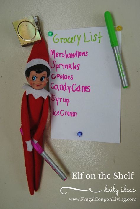 Funny Elf on the Shelf Ideas | Look a those sweet on Elf's Shopping List. Marshmallows, Sprinkles, Cookies, Candy Canes, Syrup and Ice Cream - what a sweet tooth! Syrup Cookies, To Do App, Funny Elf On The Shelf, Elf Shelf, Elf Funny, Easy Elf, Awesome Elf On The Shelf Ideas, Elf Magic, Elf Activities