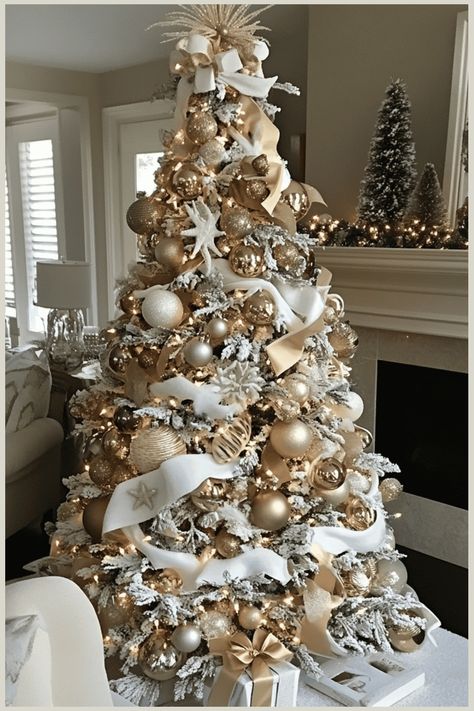 Now Christmas Trees, Christmas Tree Champagne Color, White Gold Silver Christmas Tree, Green White And Gold Christmas Tree, Christmas Tree Ideas Classy, Gold Silver Christmas Tree, Classy Christmas Tree, Glamorous Christmas Tree, Swarovski Christmas Tree