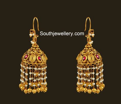 Pearl Jhumkas, Temple Jewellery Earrings, Jewelry Necklace Simple, Gold Jhumka Earrings, Gold Bangles For Women, Gold Earrings Models, Design Page, Online Gold Jewellery, Antique Bridal Jewelry