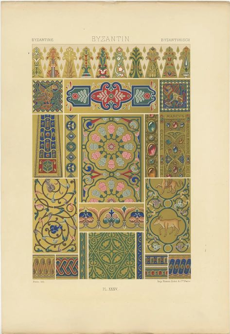 Pl. 35 Antique Print of Byzantine Ornaments by Racinet, circa 1890 For Sale at 1stDibs Byzantine Warrior, Byzantine Motifs, Byzantine Ornament, Flower Motifs, Byzantine Art, Vintage Illustrations, Pattern And Decoration, 2d Art, Antique Prints