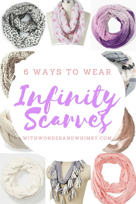 6 Ways to Wear Infinity Scarves. Each of these six outfits illustrates a different styling technique for infinity scarves. Shop them from $5-100. #infinityscarf #infinityscarves #scarf #scarves #ootd #psootd #outfit #winter #winterstyle #winterfashion #winteroutfit Infinity Scarf How To Wear, Diy Outdoor Planters Pots, With Wonder And Whimsy, Infinity Scarfs, Wonder And Whimsy, Eternity Scarf, Burgundy Scarf, Plus Size Fall Outfit, Ways To Wear A Scarf