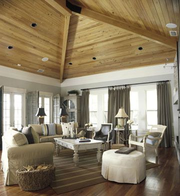 Living Room Ceiling Ideas, Room Ceiling Ideas, Glossy Floor, Gorgeous Living Room, Vaulted Ceiling Living Room, Light Colored Furniture, Tongue And Groove Ceiling, Roof Ceiling, Ceiling Ideas