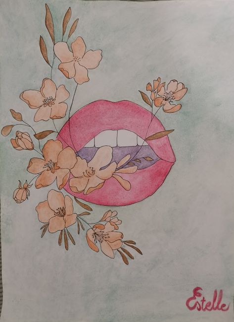 Drawing mouth with flowers in colors Mouth With Flowers Drawing, Lips With Flowers Drawing, Flower Mouth Drawing, Flower In Mouth Drawing, Flowers Coming Out Of Mouth, Lips And Flowers, Flower In Mouth, Sketch Mouth, Figure Outline