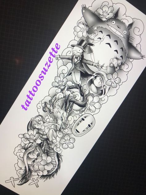 Studio Ghibli Leg Tattoo, Studio Ghibli Tattoo Sleeve Leg, Studio Ghibli Sleeve Tattoo, Ghibli Sleeve Tattoo, Ghibli Tattoo Sleeve, Studio Ghibli Tattoo Sleeve, Studio Ghibli Sleeve, Studio Ghibli Tattoo Ideas, Miyazaki Tattoo