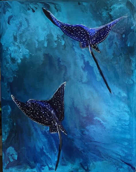 Eagle Ray Painting, Marine Animal Painting, Sting Ray Painting Acrylic, Stingray Painting Acrylic, Whale Painting Acrylic, Sting Ray Art, Underwater Art Painting, Ocean Animal Painting, Ocean Painting Ideas