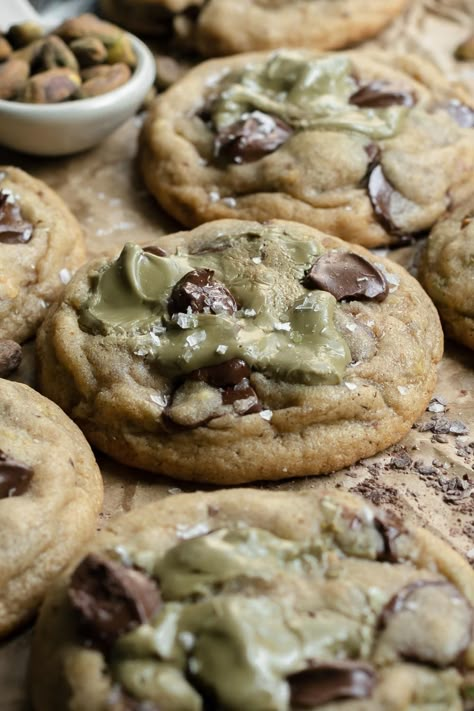 Pistachio Cream Chocolate Chip Cookies - Fresh Bean Bakery Pistachio Cream Chocolate Chip Cookies, Pistachio Baking Recipes, Desserts With Pistachio Cream, Matcha Pistachio Cookies, Brown Butter Pistachio Cookies, Pistachio Cream Uses, Pistachio Paste Cookies, Recipes Using Pistachio Butter, Pistachio Cream Bars