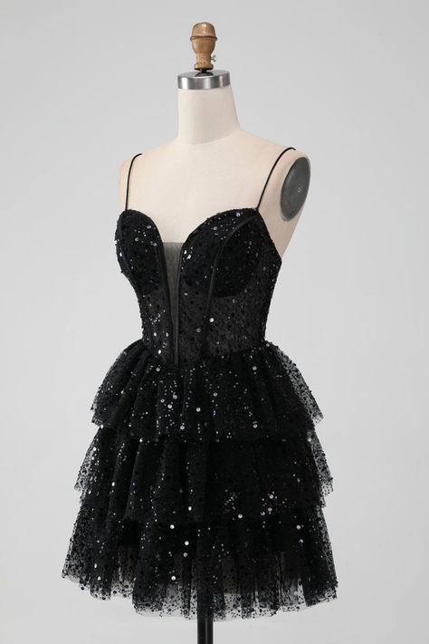 Chic Black Sequin Sparkly Homecoming Dress Glitter Tulle | Risias Homecoming Dresses Sparkly, Sequin Homecoming Dress, Mini Homecoming Dresses, Tulle Homecoming Dress, Black Spaghetti, Dress Up Day, Dress With Sequins, Short Homecoming Dress, Short Prom Dress