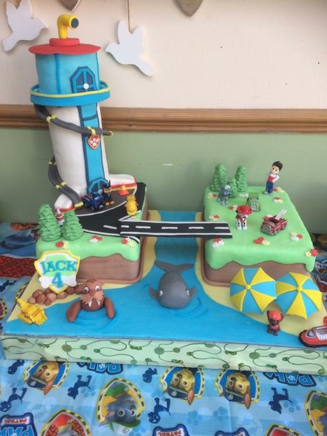 Paw patrol cake. dogs. Wallet, whale. Beech umbrellas. Adventure Bay. Lookout tower. Paw Patrol Lookout Tower Diy, Highway Patrol Cake, Paw Patrol Tower Cake, Paw Patrol Look Out Tower Cake, Paw Patrol Two Tier Cake, Paw Patrol Lookout Cake, Paw Patrol Cake Lookout Tower, Mickey Mouse Clubhouse Birthday Cake, Paw Patrol Tower