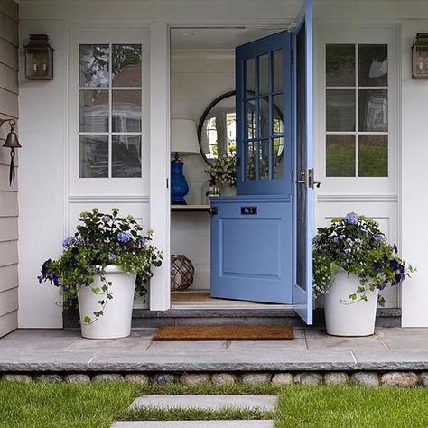 Front Door Ideas from Instagram Porch Flower Arrangements, Periwinkle Door, Dutch Door Interior, Front Door Transformation, Replace Exterior Door, Exterior Door Trim, Dutch Doors Exterior, Garage Door Ideas, Garage Door Types