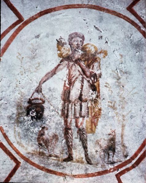 Artwork: Jesus as the Good Shepherd. From the Catacombs of St. Callixtus (ceiling); Rome. Images Of Christ, Historical Armor, Good Shepherd, Christian Artwork, Christian Symbols, Contemporary Illustration, Byzantine Art, The Good Shepherd, Jesus Christus