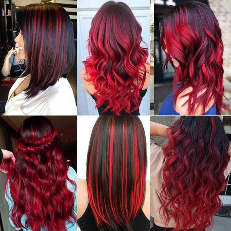 Outfit Ideas For Red Hair, Red Extensions Hair, Red Hair Extensions Clip In, Red And Black Hair Ideas, Red Halo Hair, Red Hair Highlights, Red Hair Streaks, Straight Hair Color, Red Hair Looks