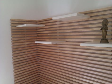 IKEA Hackers: Wraparound Mandal --- tv backdrop Horizontal Wood Slat Wall, Wall Behind Bed, Ikea Pictures, Diy Wood Wall, Ikea Wall, Wood Slat Wall, Wood Walls, Slatted Headboard, Wood Accent Wall