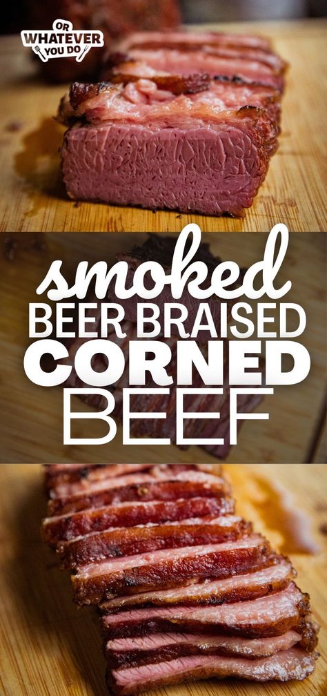 Smoked Beer-Braised Corned Beef Brisket Braised Corned Beef, Baked Corned Beef, Smoked Corned Beef, Brisket Seasoning, Whole Grain Mustard, Corned Beef Brisket, Corned Beef Recipes, Traeger Recipes, Jewish Food