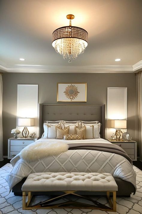 Master Bedrooms Mirrors Over Nightstand, Paint Ideas For Master Room, Master Decor Ideas Bedroom, Tall Mirror Behind Nightstand, Room Staging Ideas Master Bedrooms, Large Bedrooms Ideas, In Front Of Bed Decor, Masterbedroom Luxe Design, Light Grey Master Bedrooms Decor