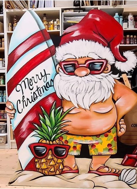 Margaritaville Christmas, Beach Christmas Drawing, Hawian Christmas, Merry Christmas Beach, Surfing Santa Decoration, Christmas Aussie, Surfing Santa Drawing, Hawaiian Santa, Christmas Tropical