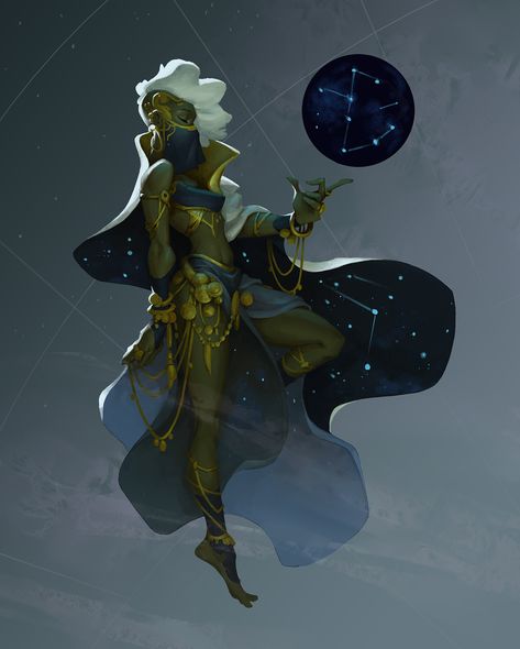 Celestial Seer, Hing Chui on ArtStation at https://www.artstation.com/artwork/XXl1y Pocket Dimension Concept Art, Seer Character Design, Seer Art, Star Character Design, Stars Druid, Celestial Outfit, Star Outfit, Celestial Magic, Comics Art