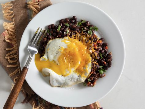 Fried Eggs over Mexican Black Beans Black Beans And Eggs, Beans And Eggs, Mexican Beans, Breakfast Beans, Mexican Eggs, Mexican Black Beans, Tossed Salad, Egg Recipes For Breakfast, Eggs Recipe