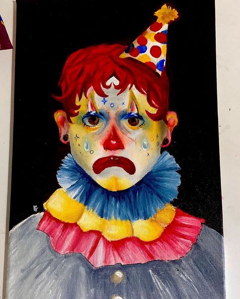 Clown Acrylic Painting, Clown Painting Ideas, Halloween Character Ideas, Vintage Clowns, Clown Stuff, Clown Paintings, Art Final, 2024 Art, Draw Hair