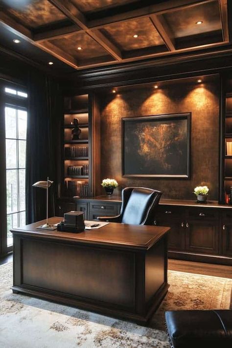 28 Home Office Ideas That You Should Try - Drop By My Home Moody Modern Home Office, Dark Moody Office Home Office, Executive Office Design Modern, Small Lawyer Office Design, Conference Room Design Luxury, Home Office Dark Walls, Ceo Office Room Luxury, Dark Green Office Ideas, Men Office Ideas