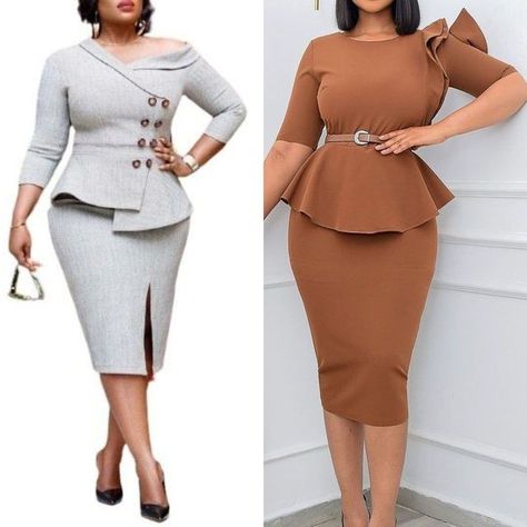 Elegant Peplum Sets For Workwear, Coperate Gowns For Work, Fitted Peplum Gown For Parties, Corporate Gowns For Office For Plus Size, Peplum Top With Skirt, Elegant Fitted Peplum Dress, Elegant Luxury Peplum Dress, Gowns For Plus Size Women, Corporate Dresses