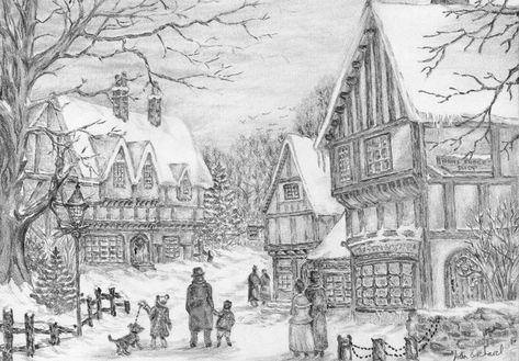 Drawings Of Christmas, Christmas Scene Drawing, Seasonal Backgrounds, Christmas Sketches, Christmas Drawing Ideas, Village Drawing, Historical Christmas, Christmas Sketch, Landscape Pencil Drawings